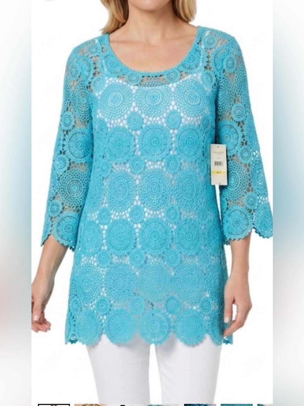 Multiples Turquoise Aqua Blue Open Medallion Crochet Tunic NWT Size Medium